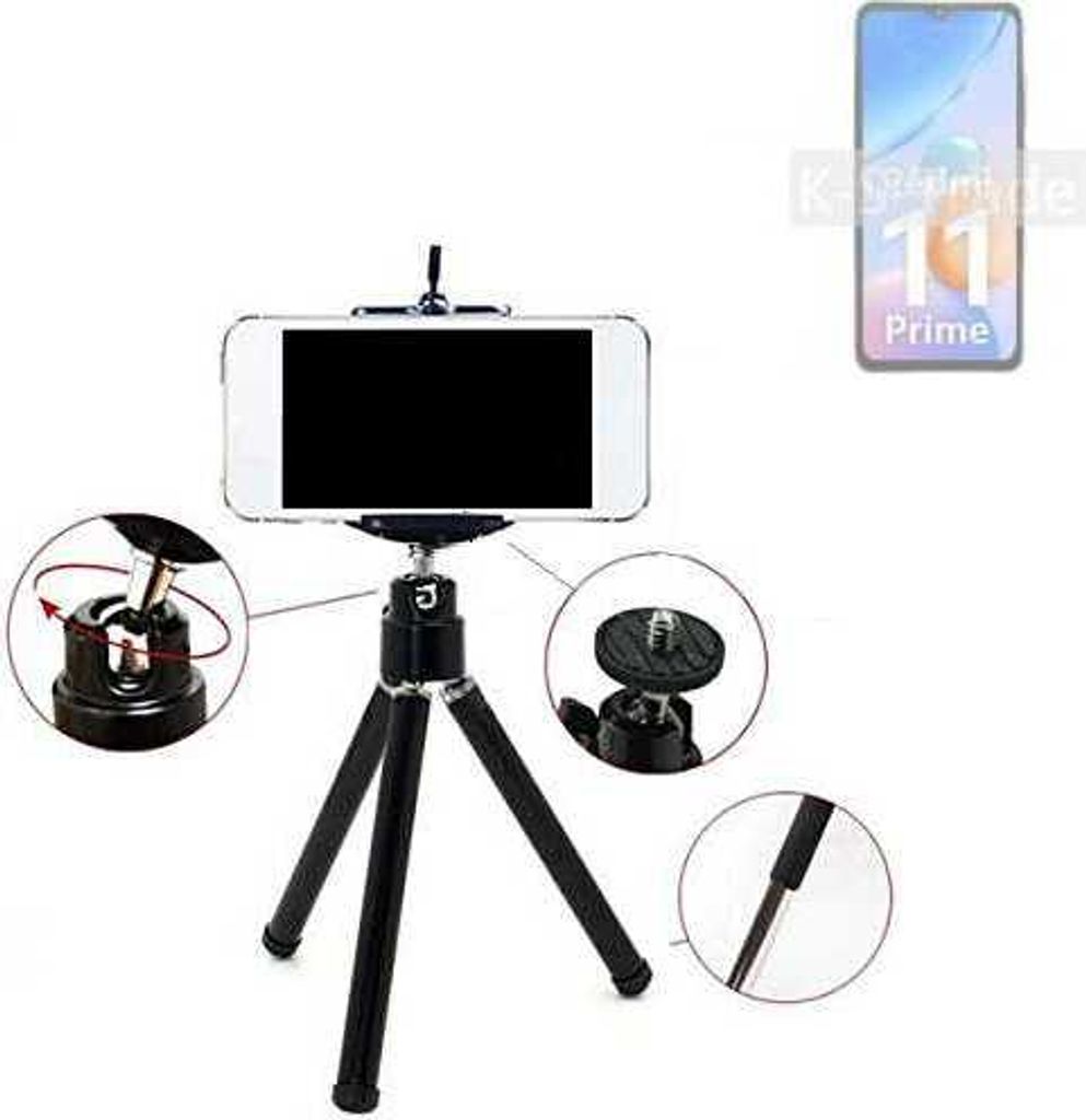 K-S-Trade Smartphone Stativ Dreibein kompatibel mit Xiaomi Redmi 11 Prime Tripod aus Aluminium Klemmstativ Stativ Adapter für Mobiltelefone schwarz