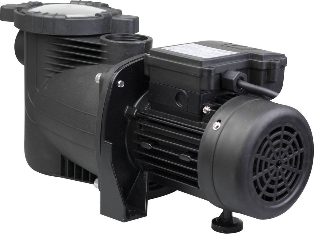 A black pool pump with a clear lid on top, shown against a white background.
