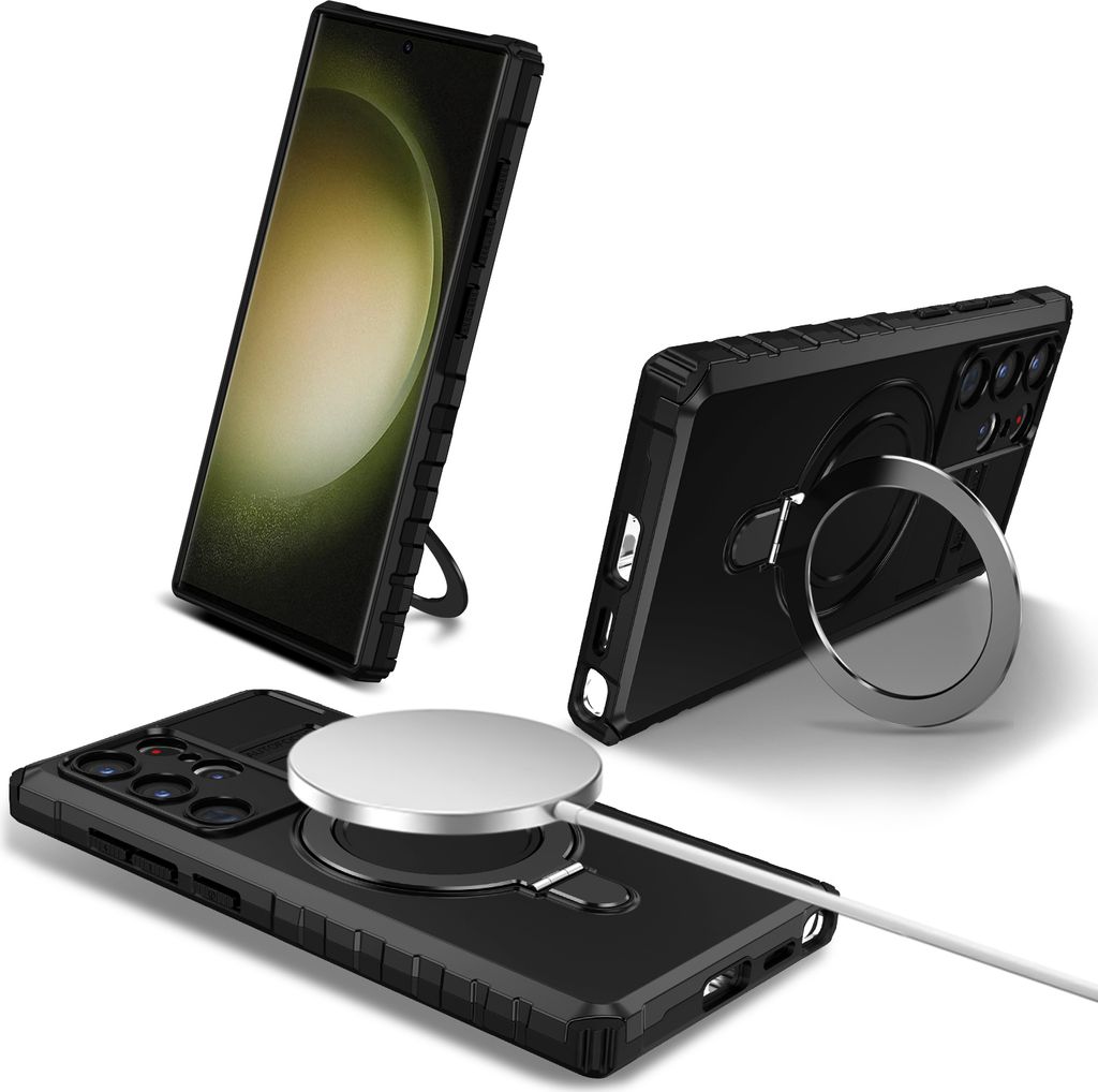Für Samsung Galaxy S25 Ultra Hülle Magsafe Magnetisch Ring Ständer Schutzhülle, Dual Layer Handyhülle Schwarz