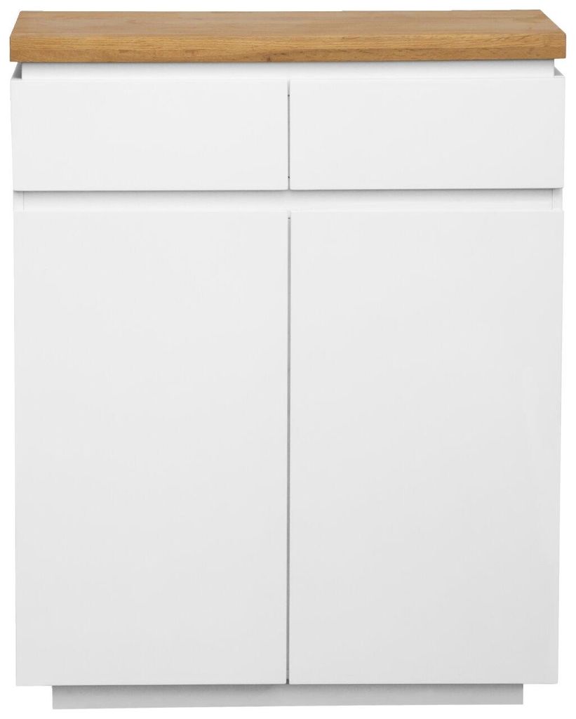 DALTON Schuhschrank Weiß, 80x100 cm, 2 Türen grifflos, 2 Schubladen, massive Eiche-Oberplatte