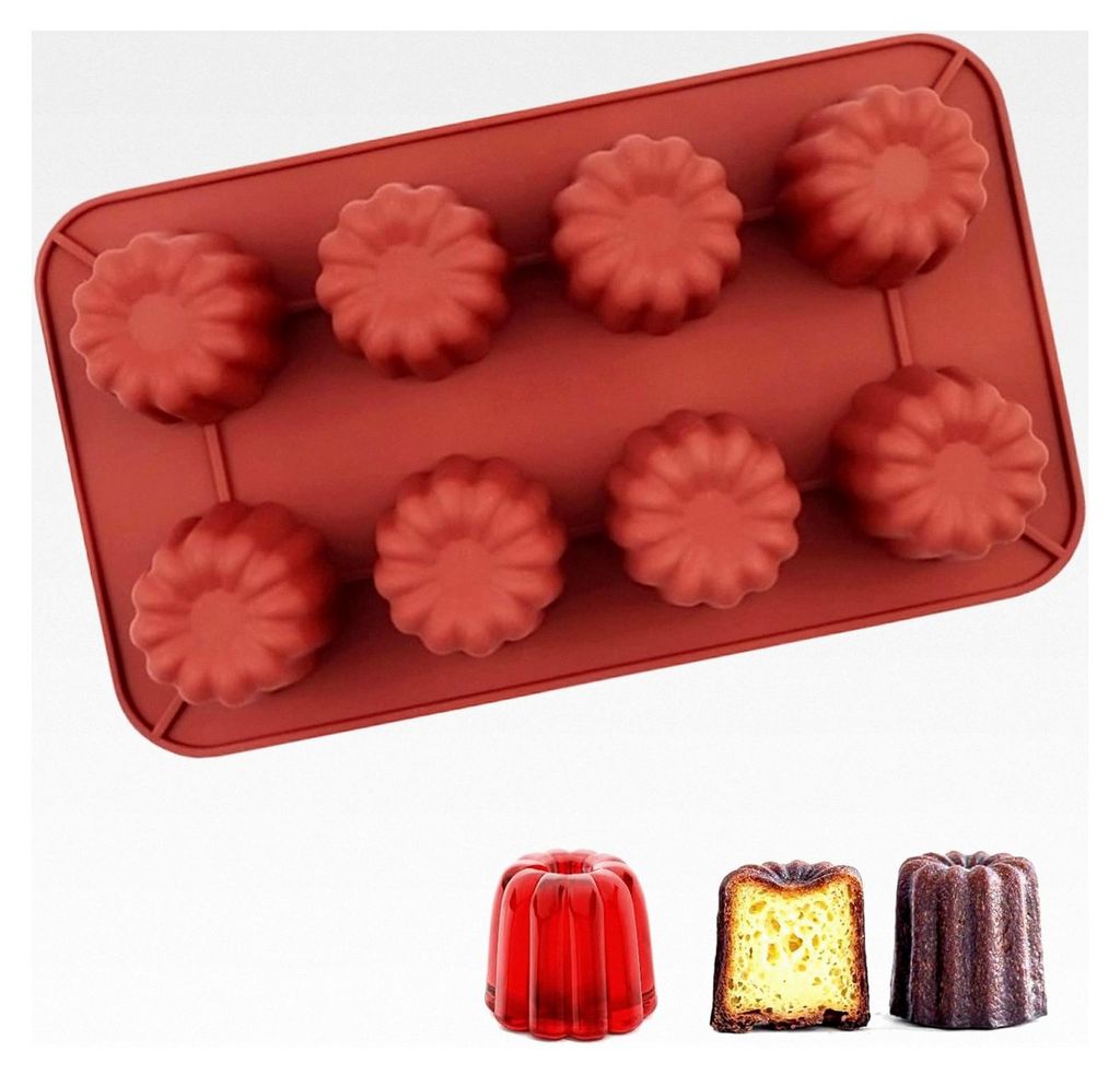 Mini Cannelé Silikonform mit 8 Mulden für Pralinen, Antihaftform für Cannelés, geeignet für Schokolade, Süßigkeiten und Pudding (Rot)