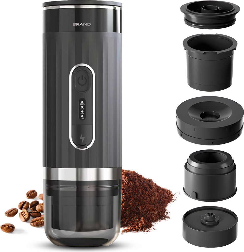 Tragbare elektrische Espressomaschine, kabellose Heizung, 3 oz Einzelportions-Mini-Kaffeemaschine mit 3-IN-1-Kaffeepulver/N-Kapsel/DG-Kapselbehaelt...