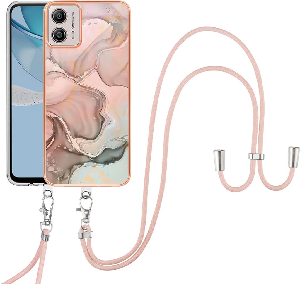 Moto G53 Handykette Hülle, Muster TPU Bumper Schutzhülle mit verstellbarem Tragegurt für Motorola Moto G53 Crème