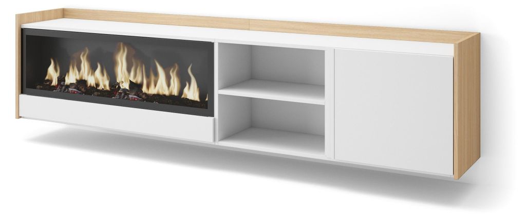 TV-Möbel Holzeffekt weiß und eiche 212x35x50cm Kamin mit Feuereffekt