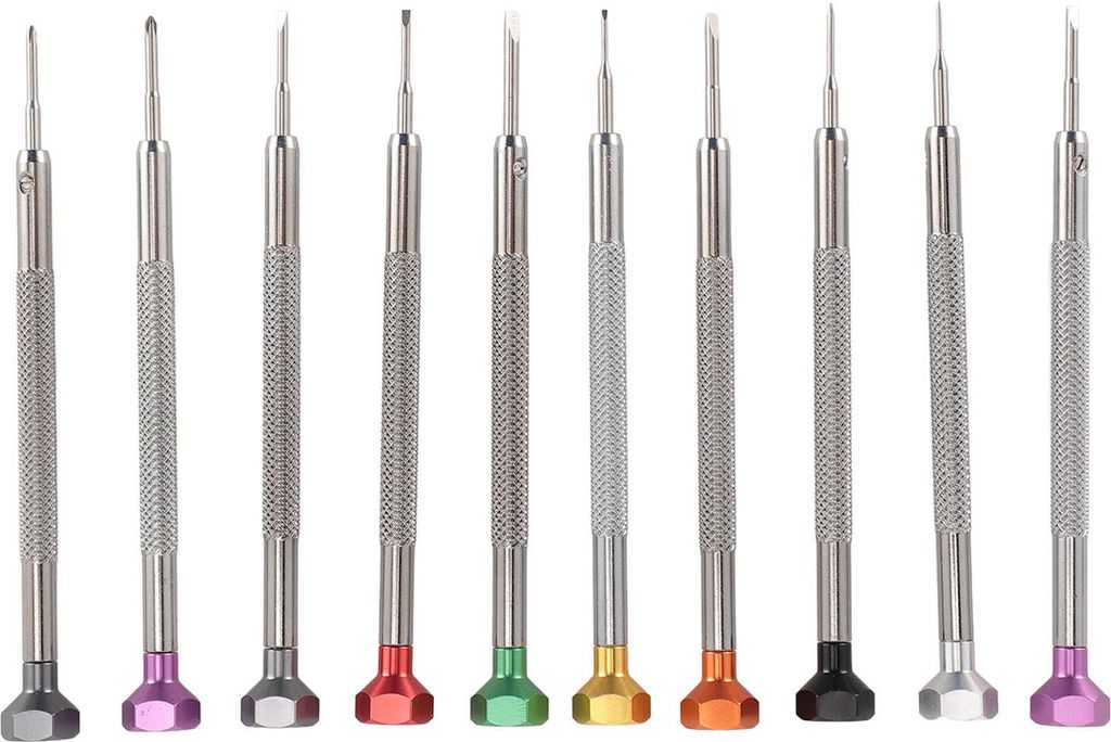 10-teiliges Miniatur-Schraubendreher-Set aus Aluminium und Edelstahl, Kreuzschlitz- und Flachkopf-Schraubendreher für Uhren, Schmuck und Brillen