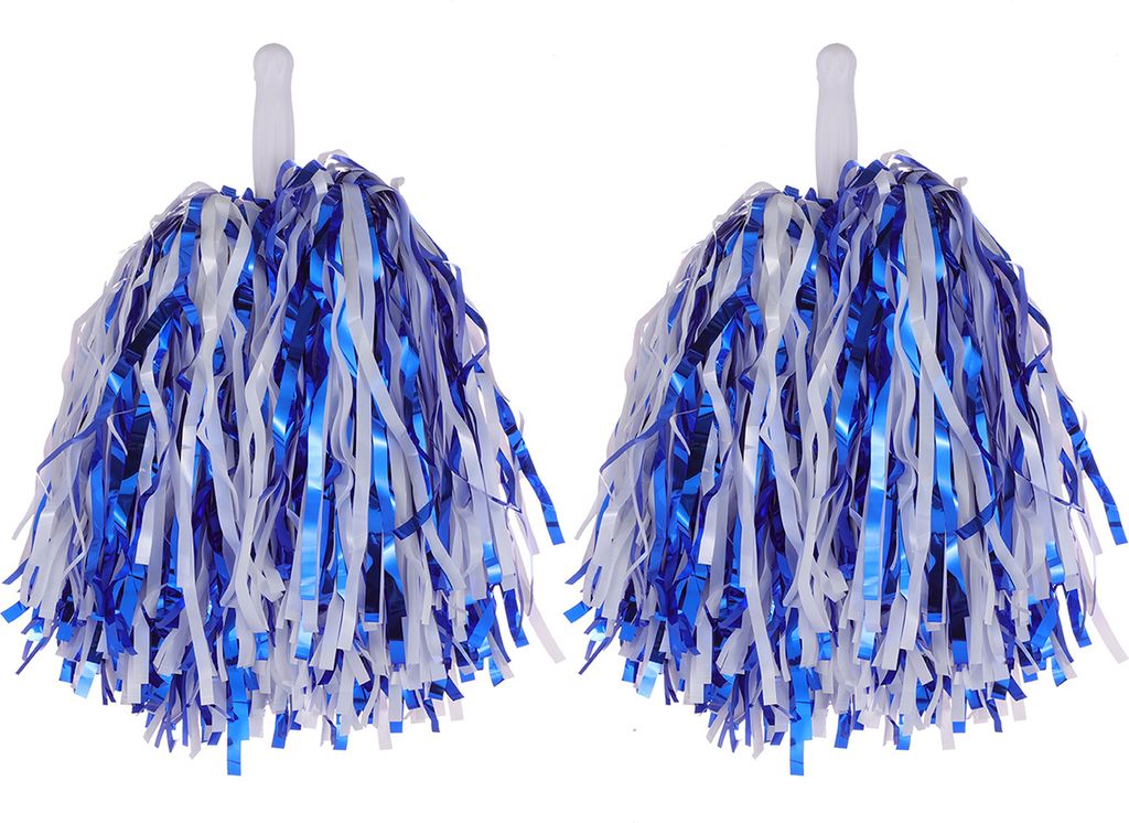 2 Stück Cheerleader-Pom-Poms aus Metallicfolie, Cheerleader-Pom-Poms, Handblumen mit Griff für Sportwettbewerbe und Feiern, Blau + Weiß