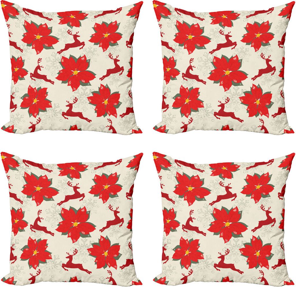 ABAKUHAUS Weihnachten Kissenbezug Set (4 Stück), Poinsettia-Ren, Moderner Doppelseitiger Digitaldruck, 50 cm x 50 cm, Scharlachrubin Beige