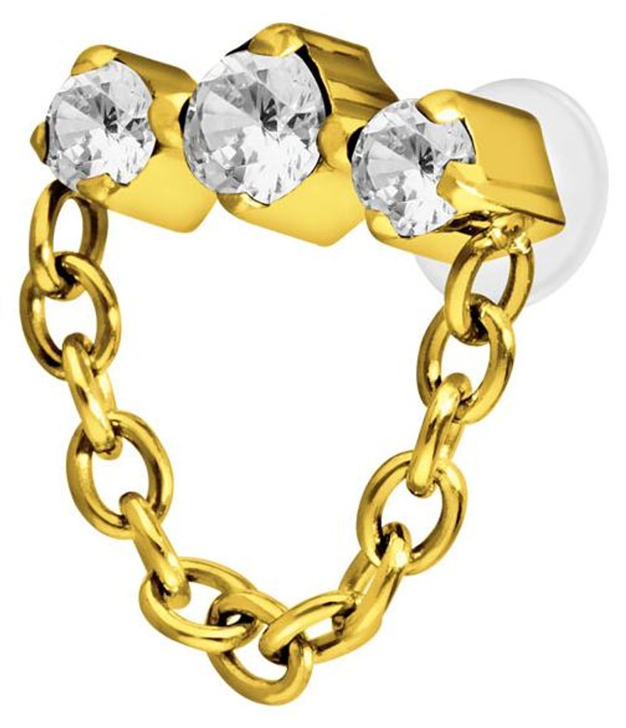 Ohrpiercing, Nasenpiercing PTFE Labret mit Innengewinde + Titan-Aufsatz 3 EINGEFASSTE KRISTALLE + KETTE Gold Stablänge: 6mm | Stabstärke: 1,2mm