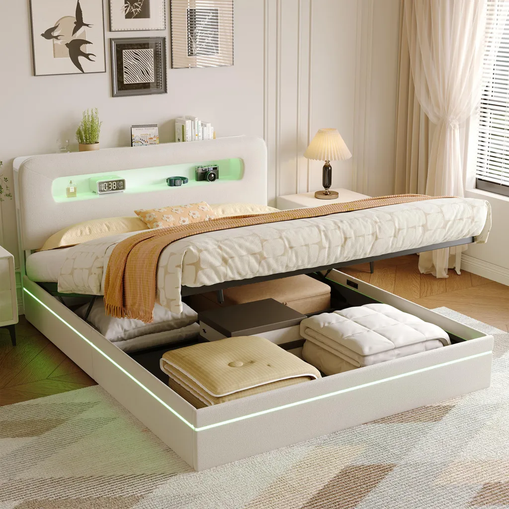 Lit Double 160x200 avec Coffre et LED en Velours Blanc pour Chambre Adulte