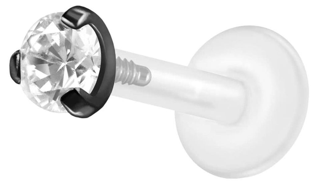 Ohrpiercing, Nasenpiercing PTFE Labret mit Innengewinde + Titan-Aufsatz EINGEFASSTER KRISTALL Schwarz Stablänge: 8mm | Stabstärke: 1,2mm | Krista...