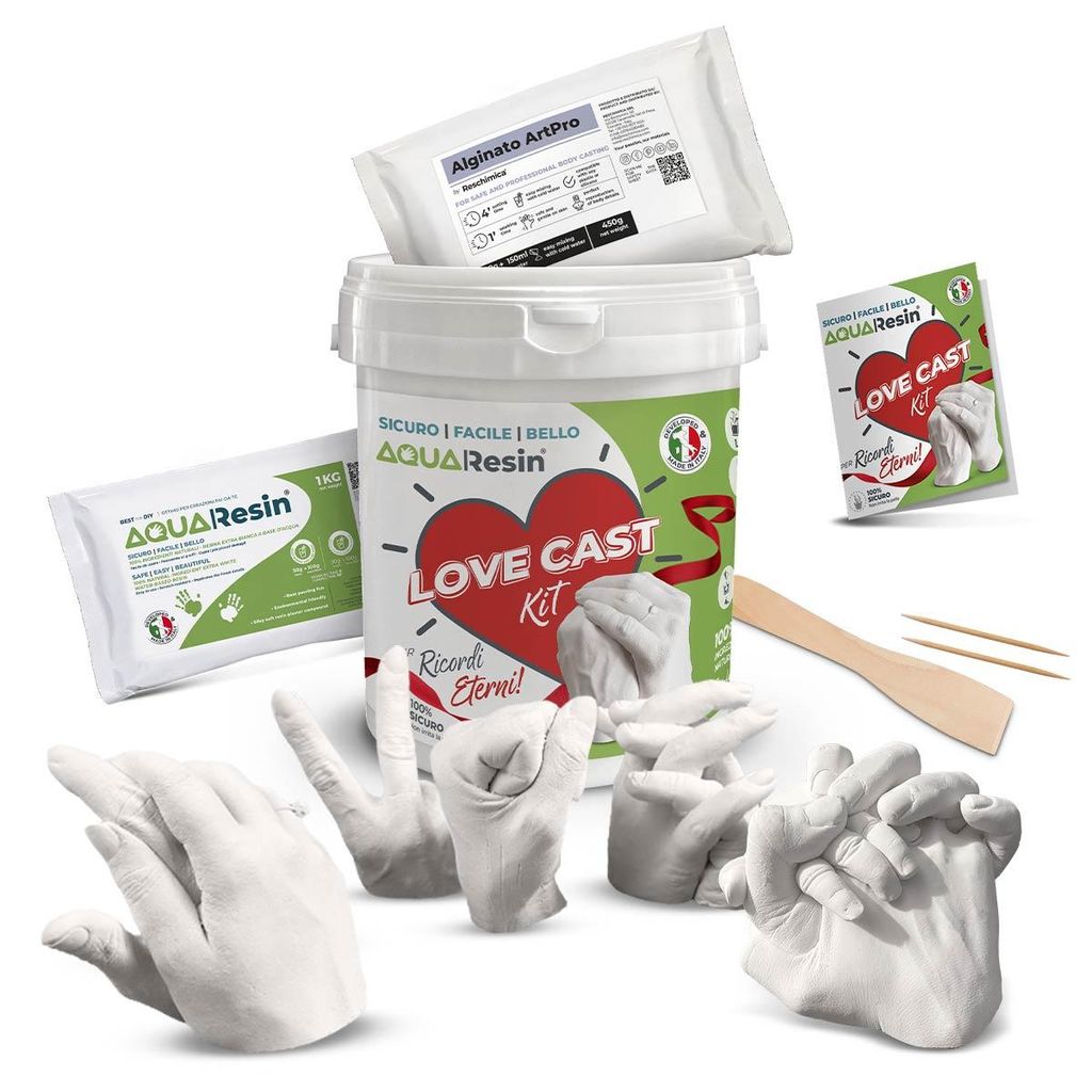 A collection of items for making hand casts, including a bucket, pouches, and finished casts.