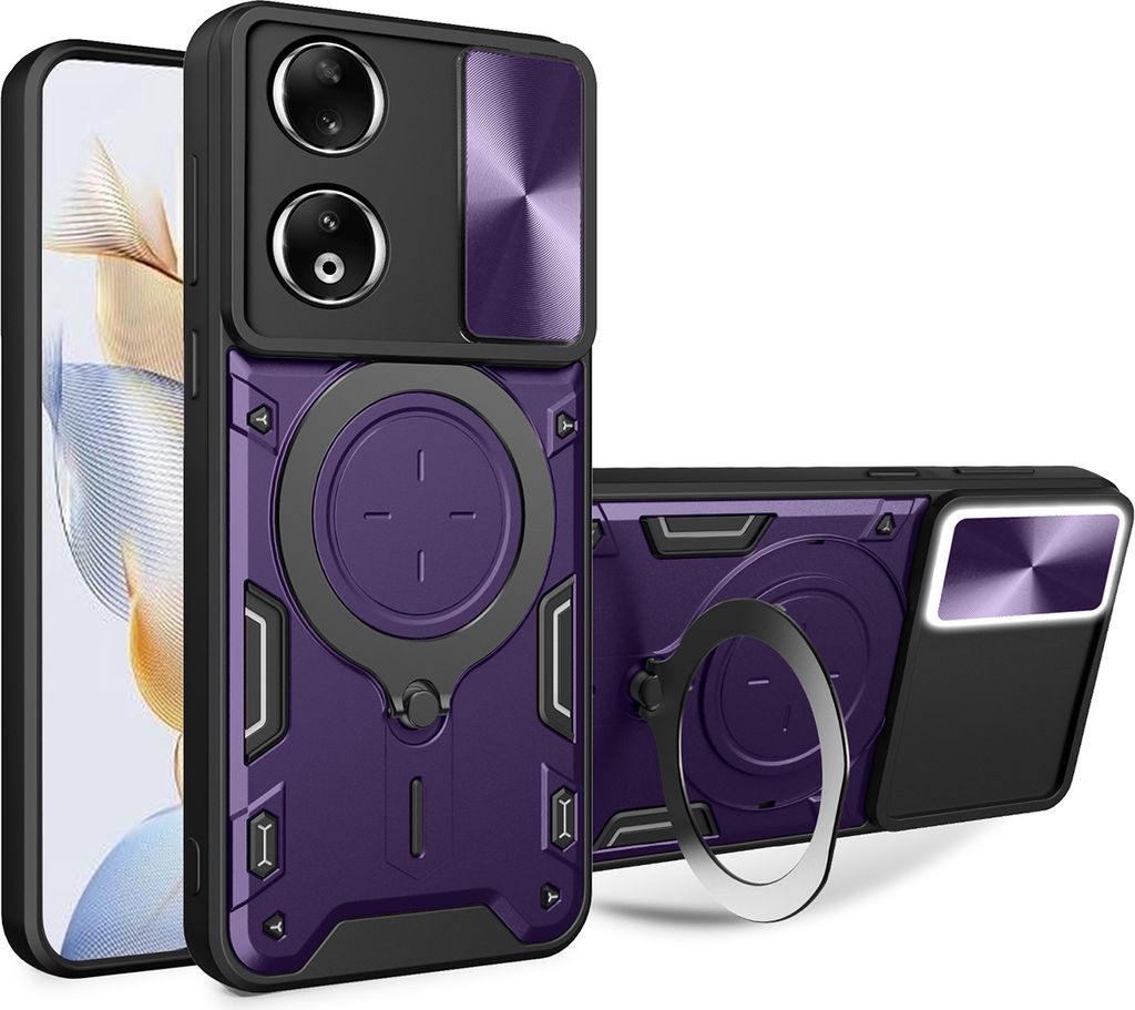 Handyhülle für Honor 90 5G Dual-Layer Stoßfest Rüstung Hülle mit Dia Kameraschutz und Kreisförmig Ring Ständer Lila