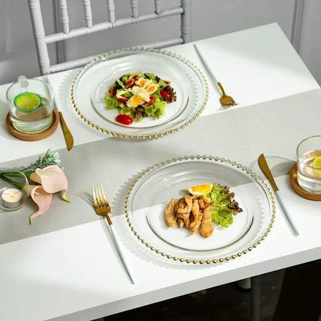 Grands plateaux de service ronds en verre à perles pour buffet et fête