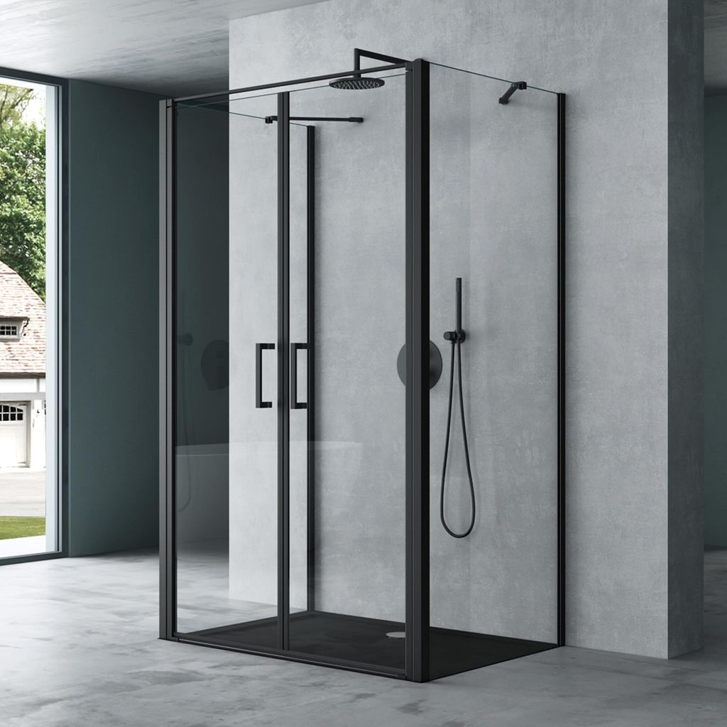 Mai & Mai Duschabtrennung 75x140 Duschkabine in U-Form Aluminiumrahmen mit Duschtasse ESG-Sicherheitsglas Klarglas Doppeltüre Schwarz Ravenna66UK