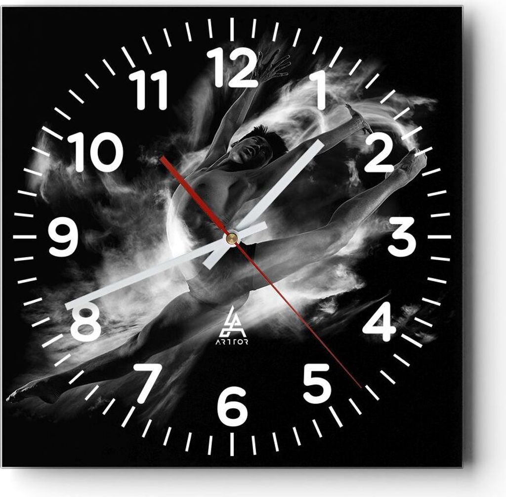 Wanduhr - Quadrat - Glasuhr - Tanz Mann spring - 30x30cm - Schleichendes Uhrwerk - Lautlos - zum Aufhängen bereit - Dekoration Modern - Wanddekora...