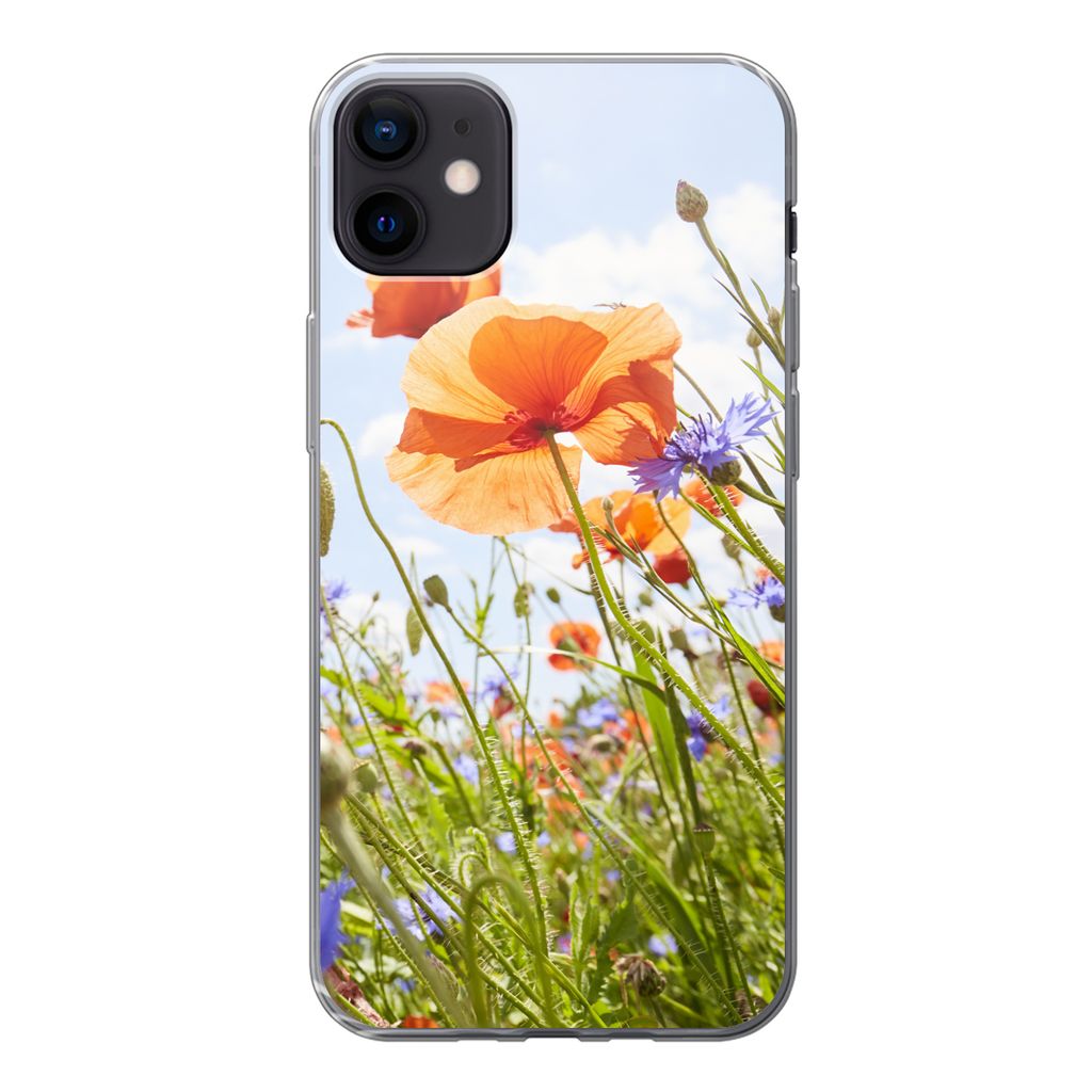 MuchoWow Handyhülle Schutzhülle Hülle für iPhone 12 mini Blumen - Mohn - Frühling - Natur - Rot - Blau Silikon Softcase Handy Hülle - Bild