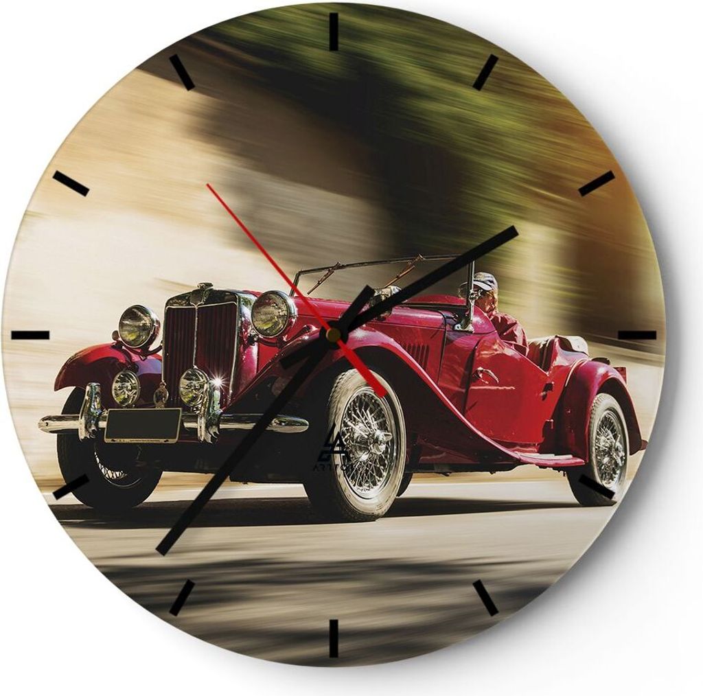 Wanduhr - Rund - Glasuhr - Mg Rot Auto - 30x30cm - Schleichendes Uhrwerk - Lautlos - zum Aufhängen bereit - Dekoration Modern - Wanddekoration aus...