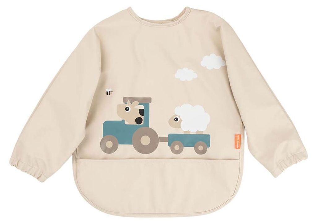 Done by Deer Lätzchen mit Ärmeln und Auffangtasche „Tiny Farm“ – Sand