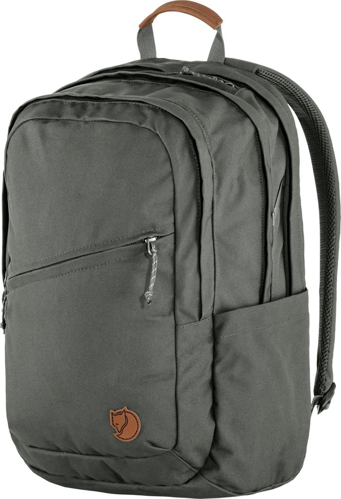 A gray backpack with a brown leather handle and a brown circular logo on the front.