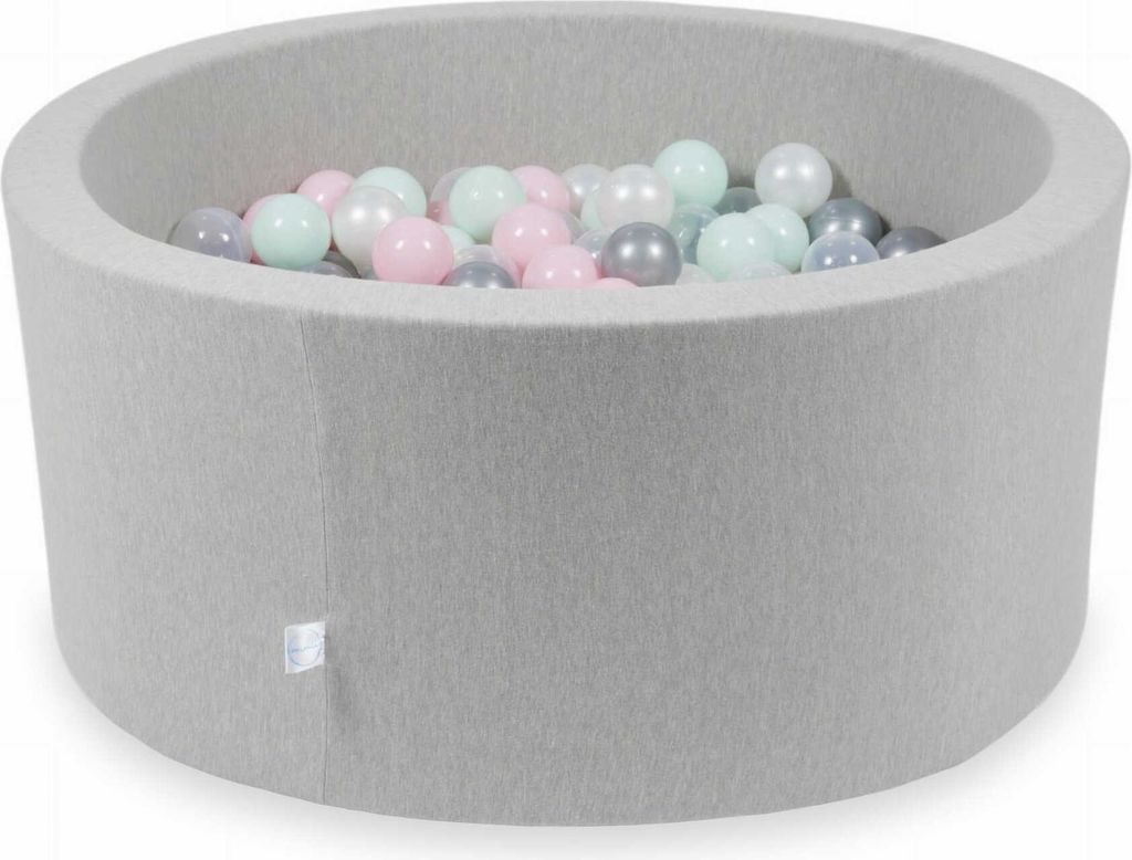 Bällebad 90x40cm hellgrau – Mit 300 Bällen / transparent, perlmutt, silber, babyrosa, helles mint