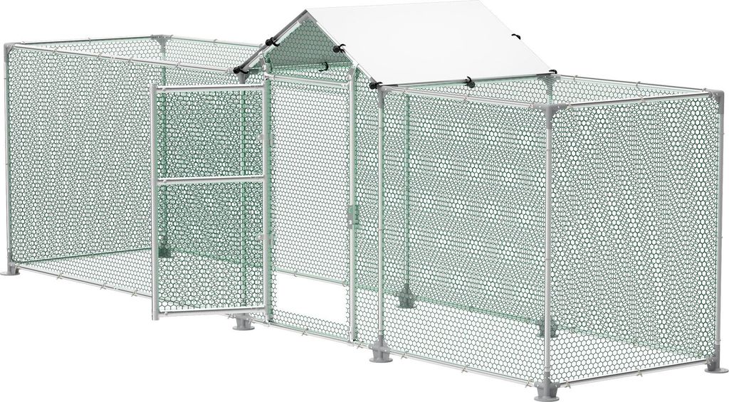 A long, rectangular chicken coop with a white roof and green mesh sides, set against a white background.