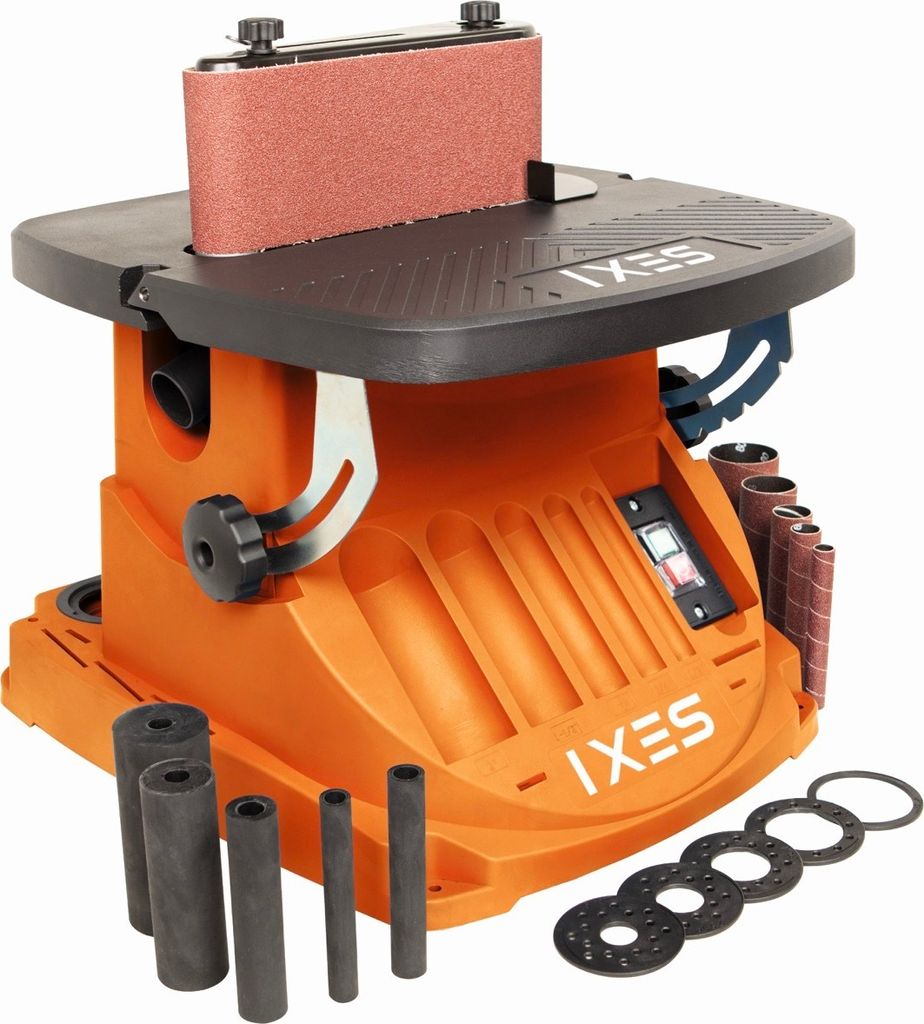 An orange and black oscillating spindle sander with a red sanding belt is shown against a white background. Various sanding drums and discs are placed around the base of the machine.