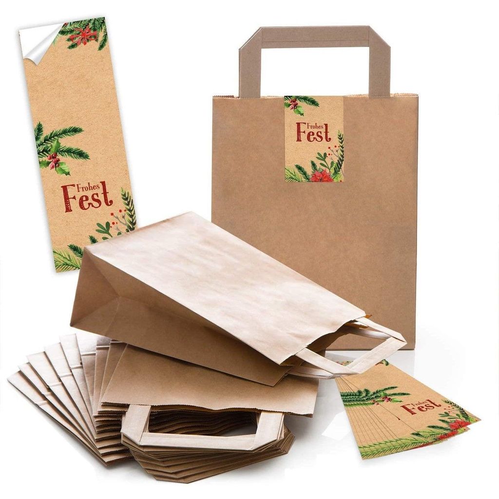 100 braune natur Kraftpapier Papiertüte Geschenk-Tasche mit Henkel Boden 18 x 8 x 22 cm + 100 Aufkleber FROHE WEIHNACHTEN DANKE KUNDEN MISTELN wei...