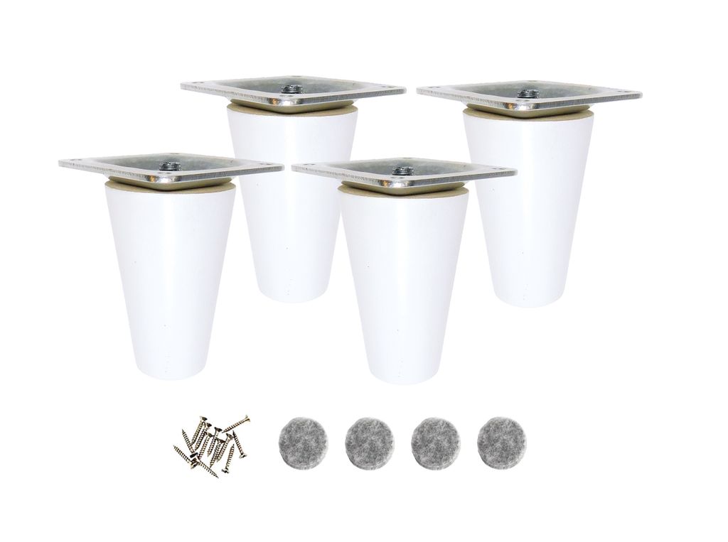 Four white furniture legs with silver mounting plates and a pile of screws and felt pads.