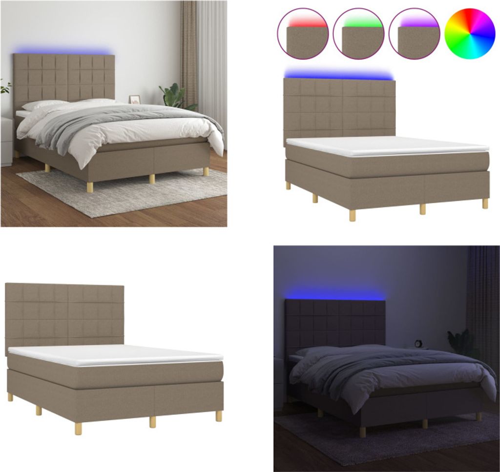 vidaXL Boxspringbett mit Matratze & LED Taupe 140x200 cm Stoff - Boxspringbett - Boxspringbetten - Bett - Schlafzimmermöbel