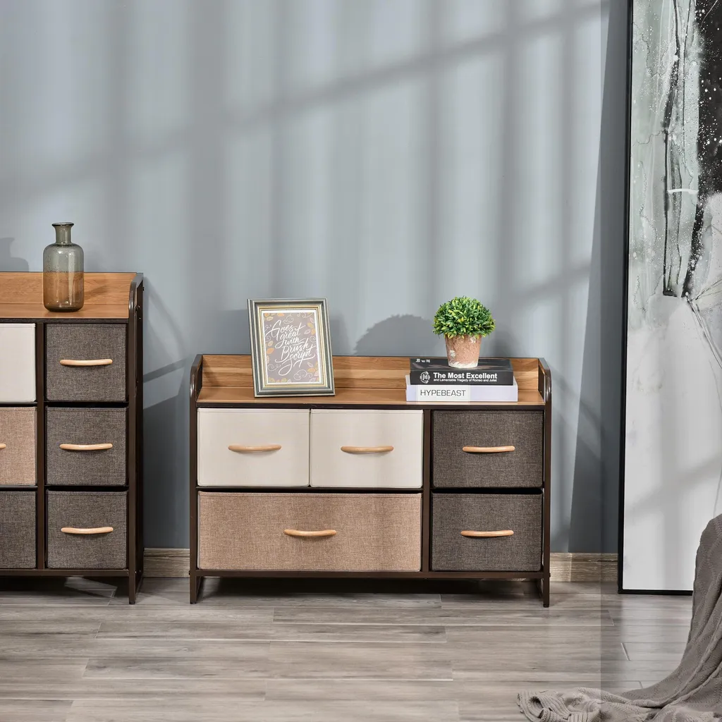 HOMCOM Commode de Rangement 5 Tiroirs en Tissu 88cm Marron et Beige