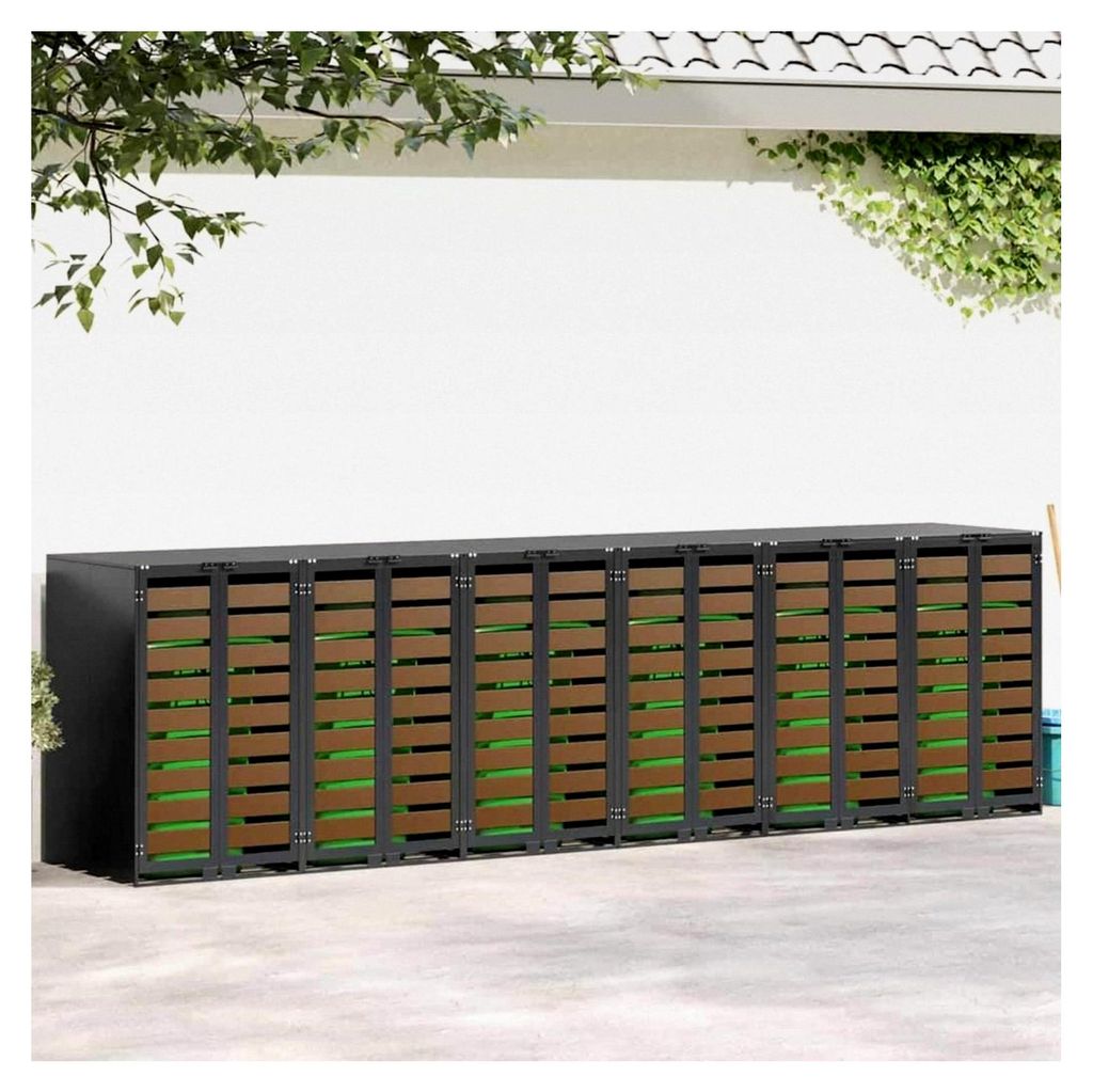 Mülltonnenbox für 6 Tonnen 120-240 Liter mit Tür und Erweiterungsmöglichkeit, Aufbewahrungsbox in Dunkelbrauner Holzoptik, Maße 408 x 77,5 x 1...