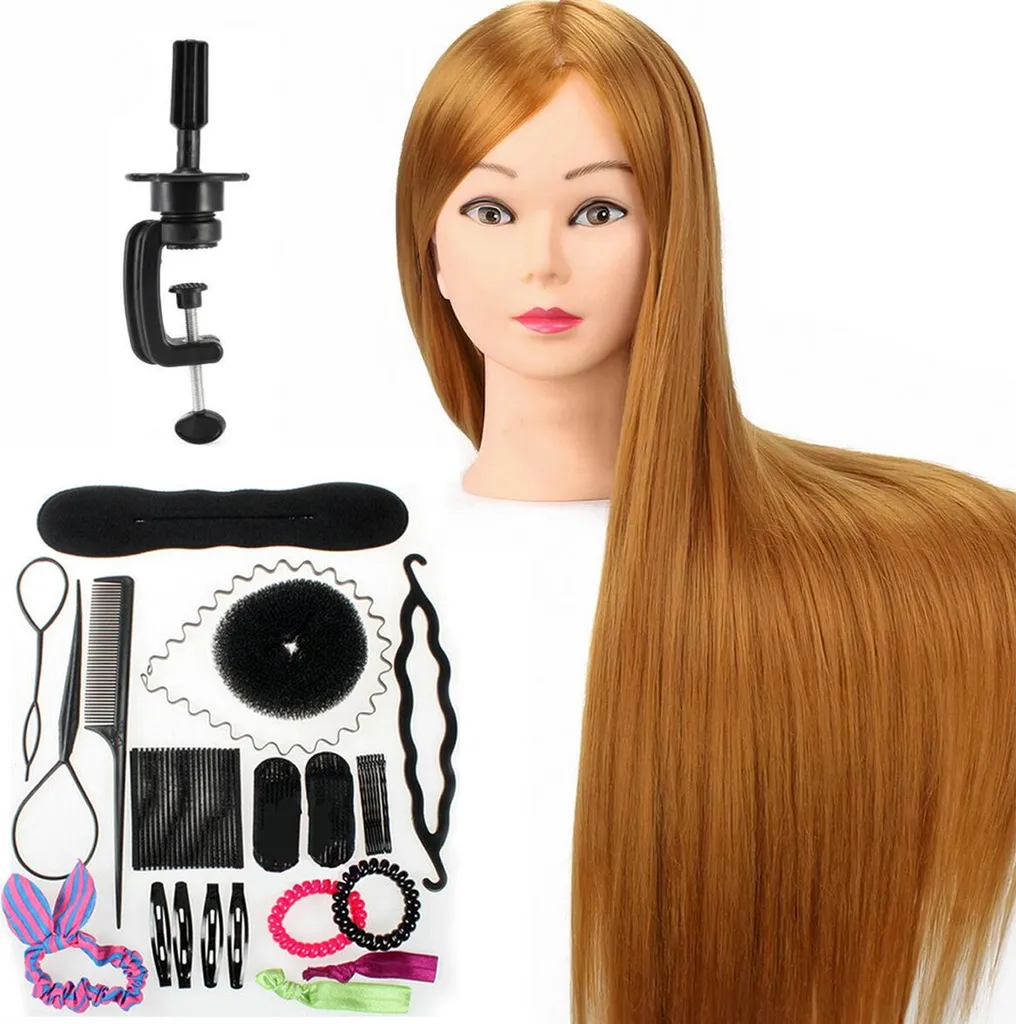 Tête de poupée coiffure 70 cm cheveux longs bruns et pince de table
