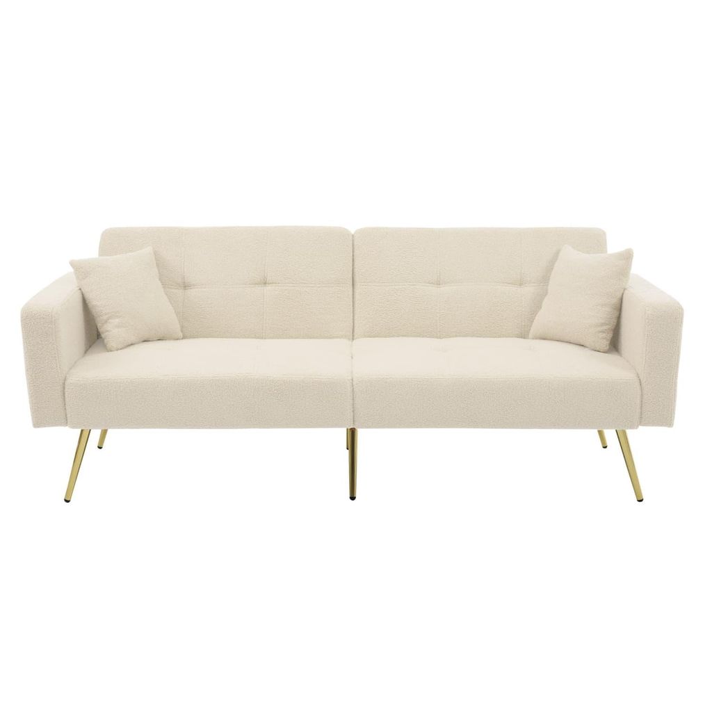 Schlafsofa mit Bettfunktion, verstellbarem Winkel, goldenen Beinen, mit Kissen und seitlichen Aufbewahrungstaschen