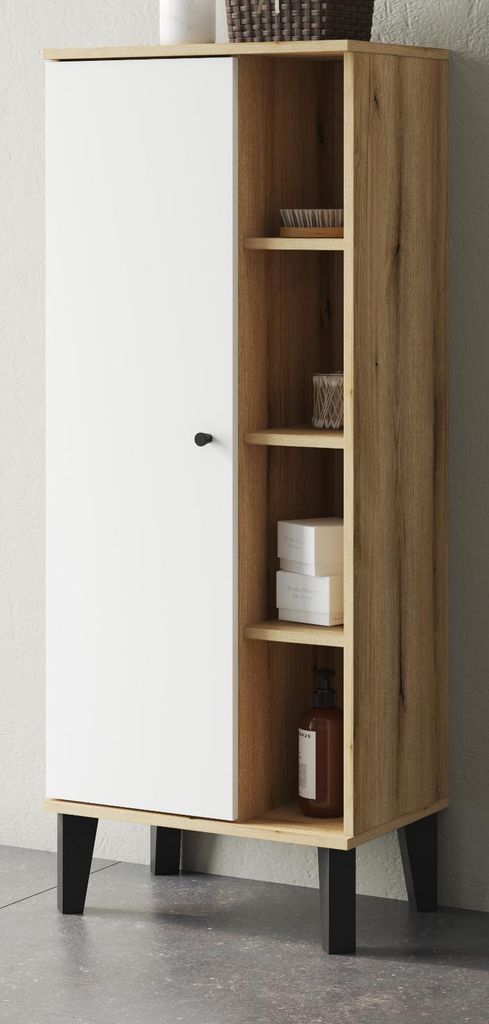 Badezimmer Midischrank "Torsby" in weiß und Evoke Eiche Badmöbel Kommode 51 x 128 cm