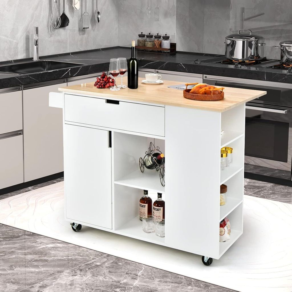 KOMFOTTEU Küchenwagen Kücheninsel Holz, Servierwagen mit ausziehbarer Arbeitsplatte, Küchenschrank mit Schublade, Verstellbarer Regal, Küchentr...