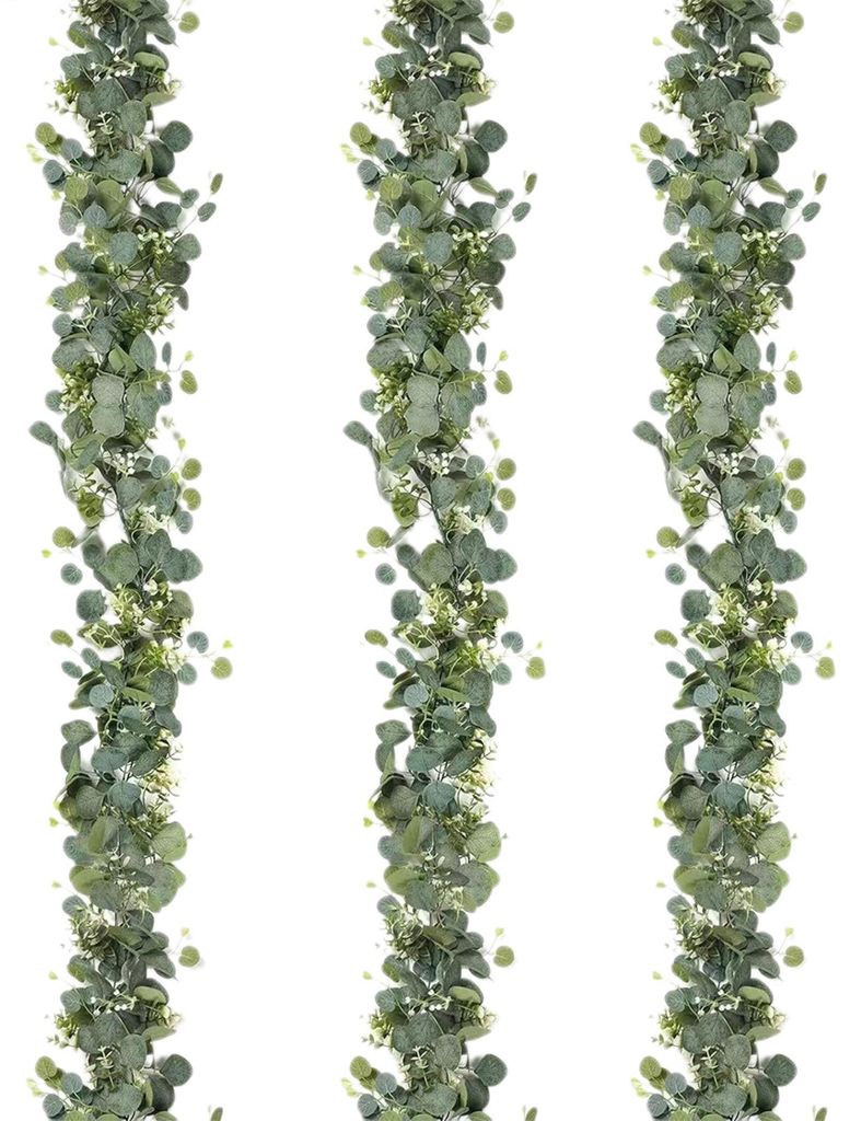 Künstliche Eukalyptus-Hängegirlande mit weißen Blüten, künstliche Pflanzen für Hochzeitsbögen, Wände, Heimpartys, Weihnachtsdekoration