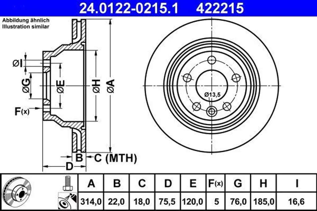 Disque de frein ATE 7L6615601E haute résistance pour Touareg 314mm