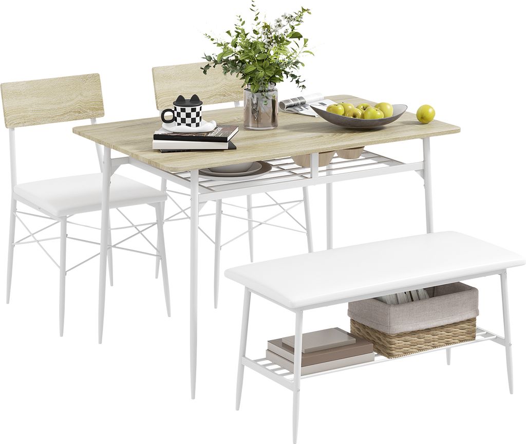 A dining set with a table, two chairs, and a bench, set against a white background.