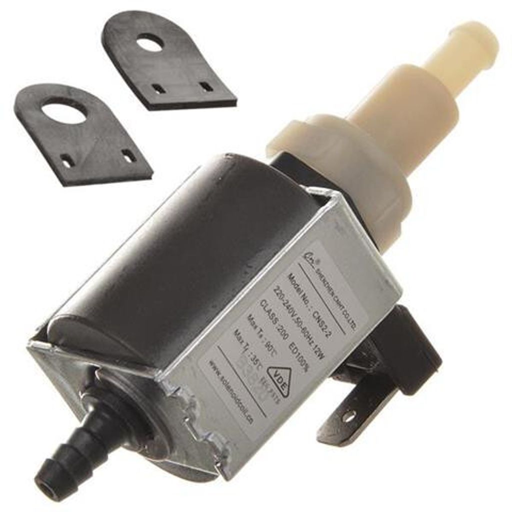 A close-up studio shot of a solenoid pump and two mounting brackets.