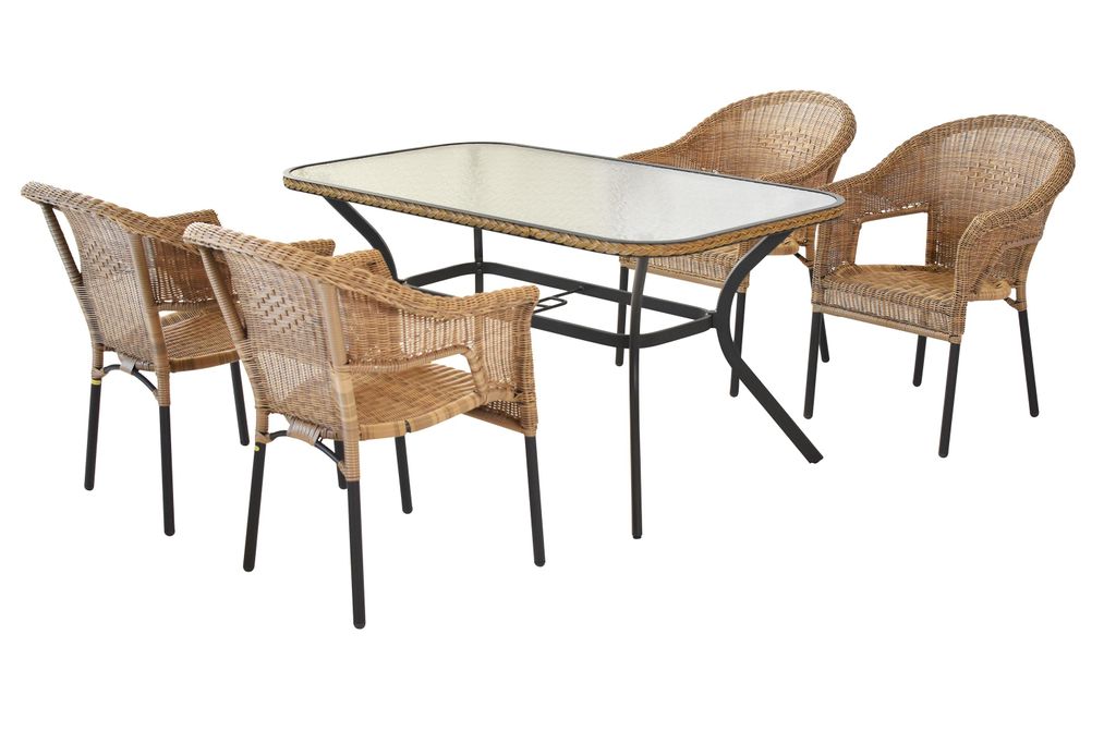 Merxx Gartenmöbel Set Ravenna, 4 Stapelsessel, Tisch 150 x 85 cm, natur - Aluminium/Polyrattan