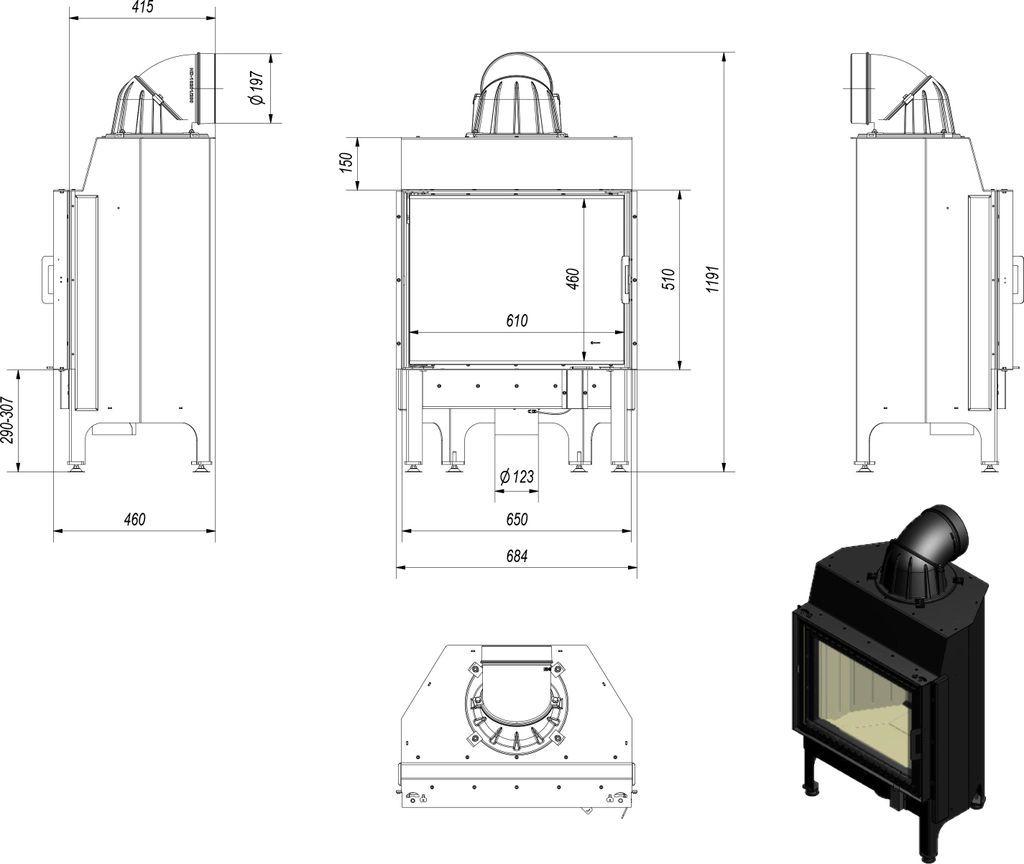 Kamineinsatz aus Stahl KRATKI NADIA 10 kW Ø 200 mit Türfeder