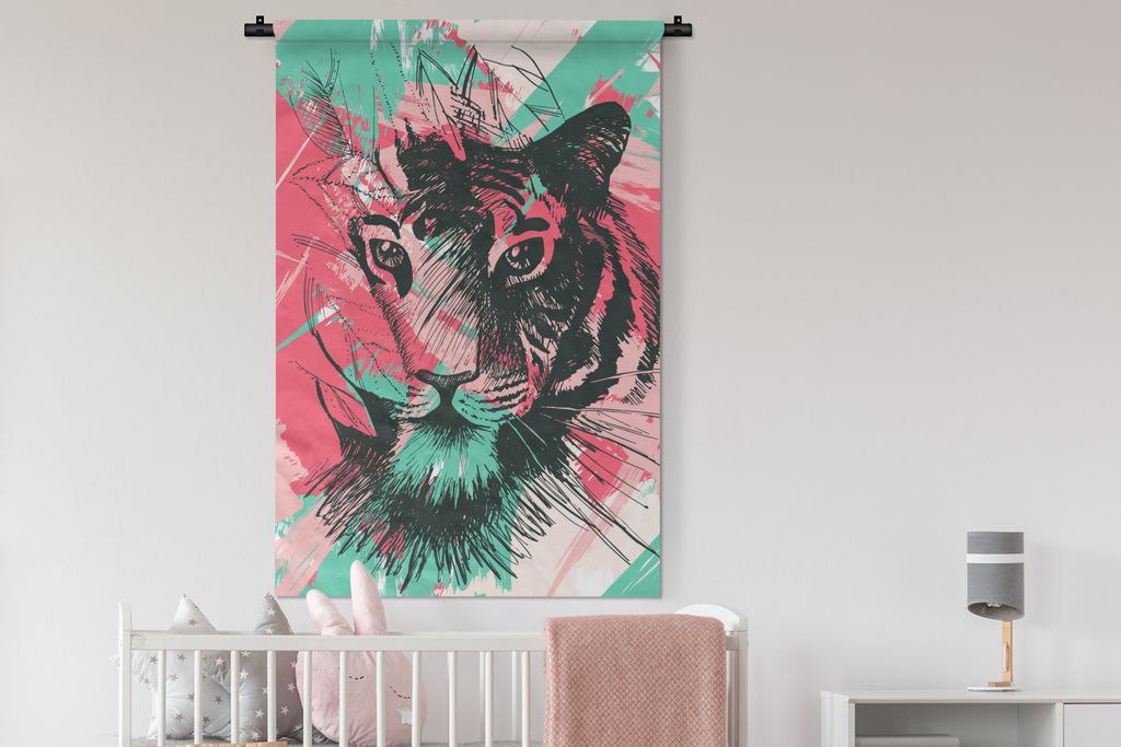 MuchoWow Wandteppich Wandbehang Tiger - Abstrakt - Rosa 90x135 cm Tapisserie Dekoration Wandtuch - Baumwolle - Wandskulptur