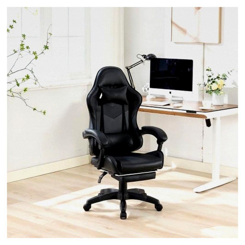 Vollschwarzer Gaming-Stuhl mit Massagefunktion und Fußstütze – Ergonomischer Bürostuhl im Rennsportdesign, Hochlehne mit Kopf- und Lendenstüt...