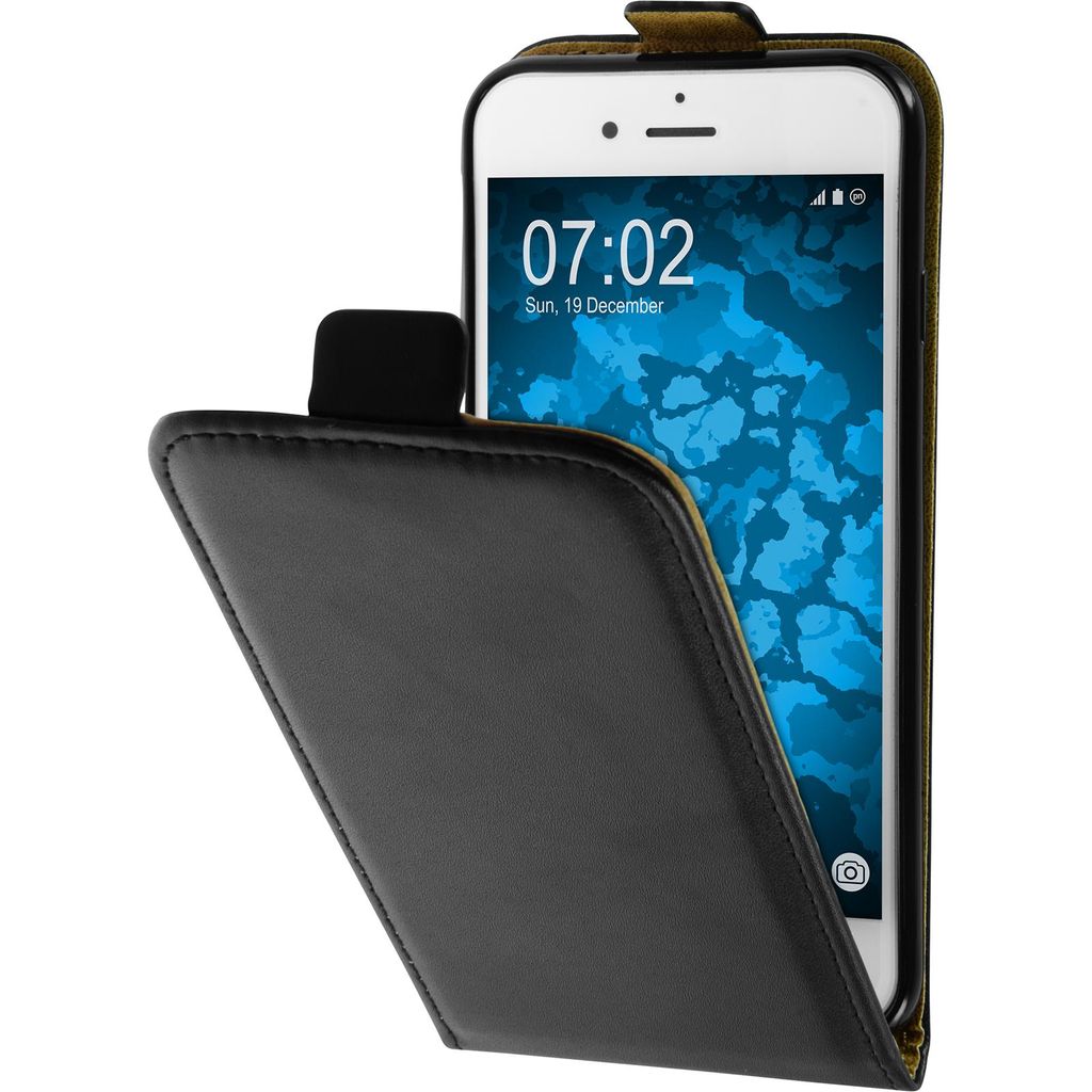 PhoneNatic Kunst-Lederhülle kompatibel mit Apple iPhone 8 - Flip-Case schwarz + 2 Schutzfolien