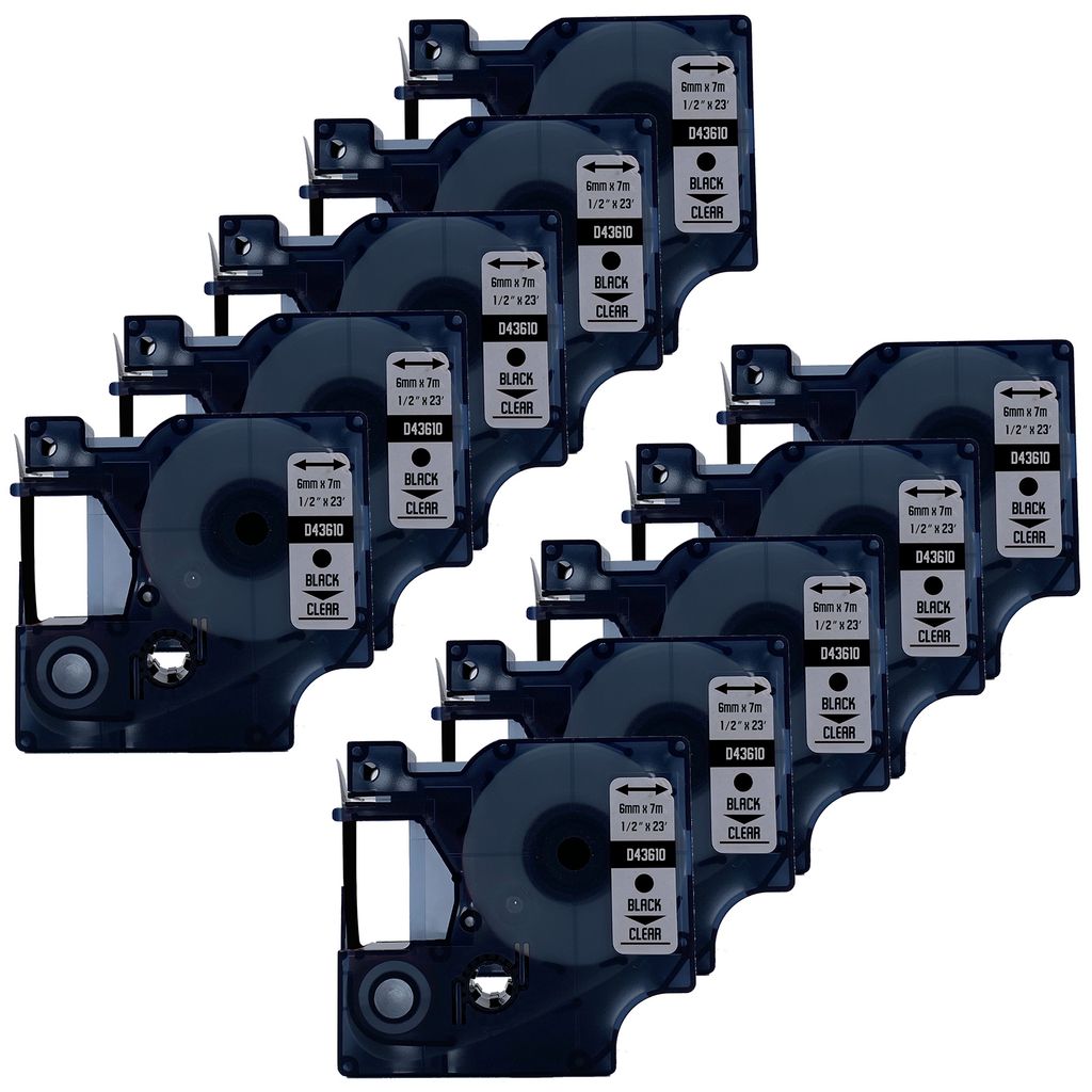 DULA Etikettenband - Kompatibel mit Dymo D1 43610 - 10 Stück - Schwarz auf Transparent - 6mm x 7m