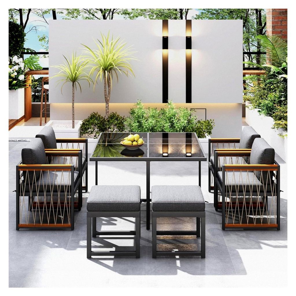 Garten Essgruppe für 6 Personen, 7-teiliges Gartenmöbel Set mit 4 Stühlen, 2 Hockern und Tisch aus gehärtetem Glas, Akazienholz Armlehnen, Loun...