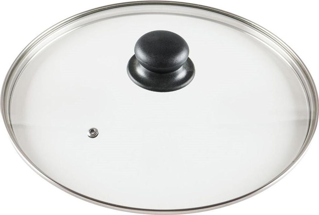 A glass pot lid with a black handle and a silver rim, shown from a top-down perspective on a white background.