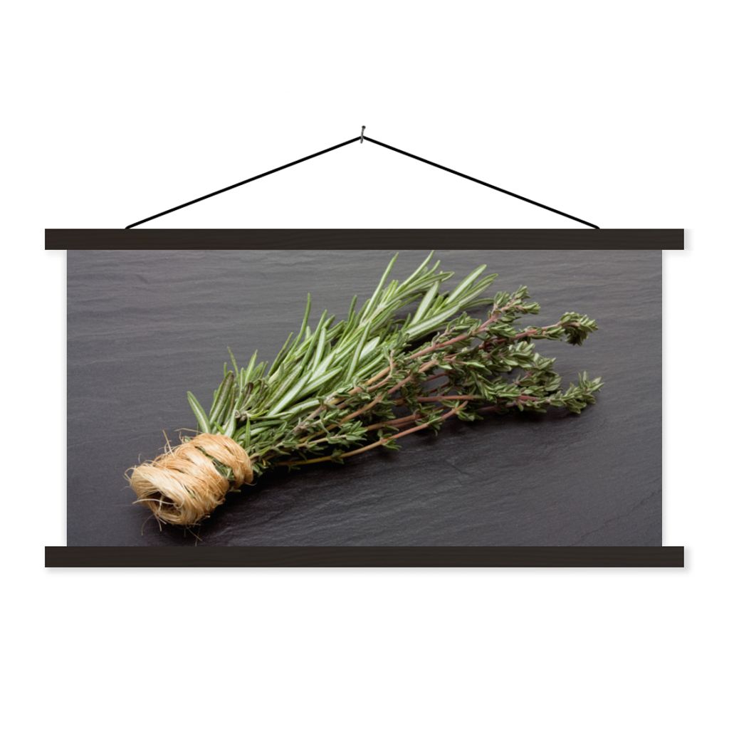 MuchoWow Textilposter Thymian - Kräuter - Grün - Tisch - Küche - Stein 60x30 cm mit schwarzem Rahmen - Textilien