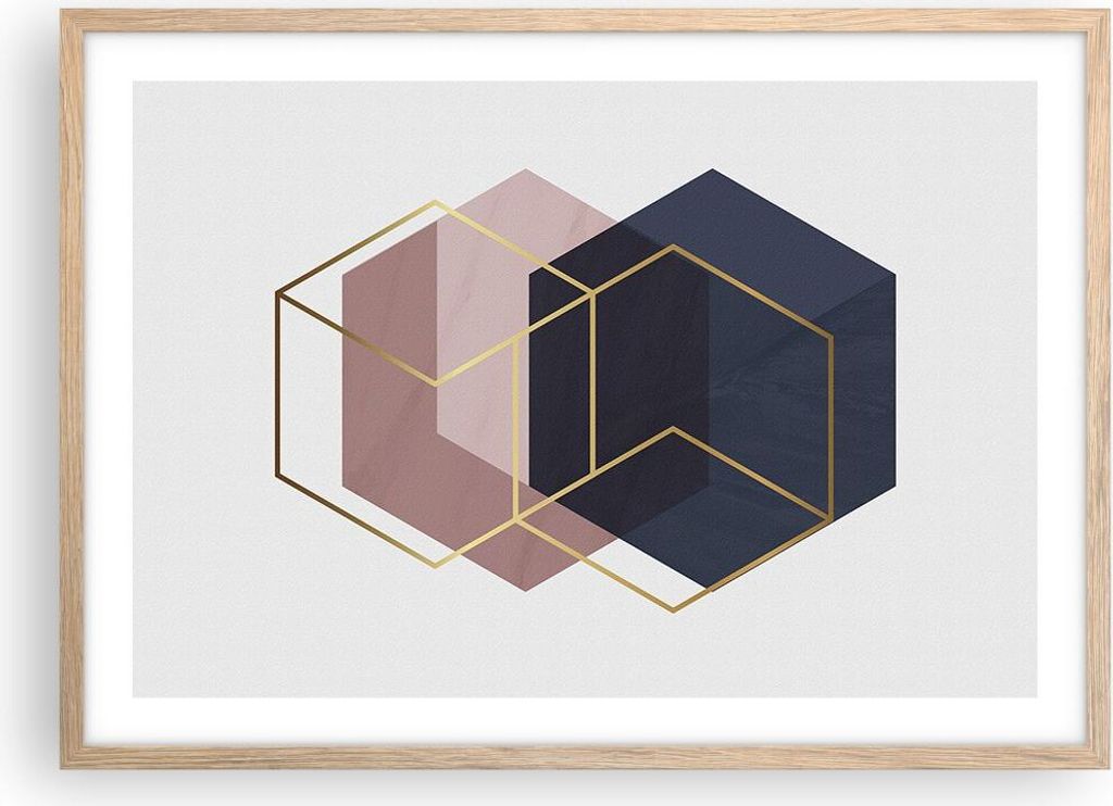 Gerahmtes Poster - Rahmen in heller Eiche - Sechsecke Modern Gold - 70x50 cm - Wand Bild - Wanddeko - Wandbilder - Kunstposter - Wandposter - Bilde...
