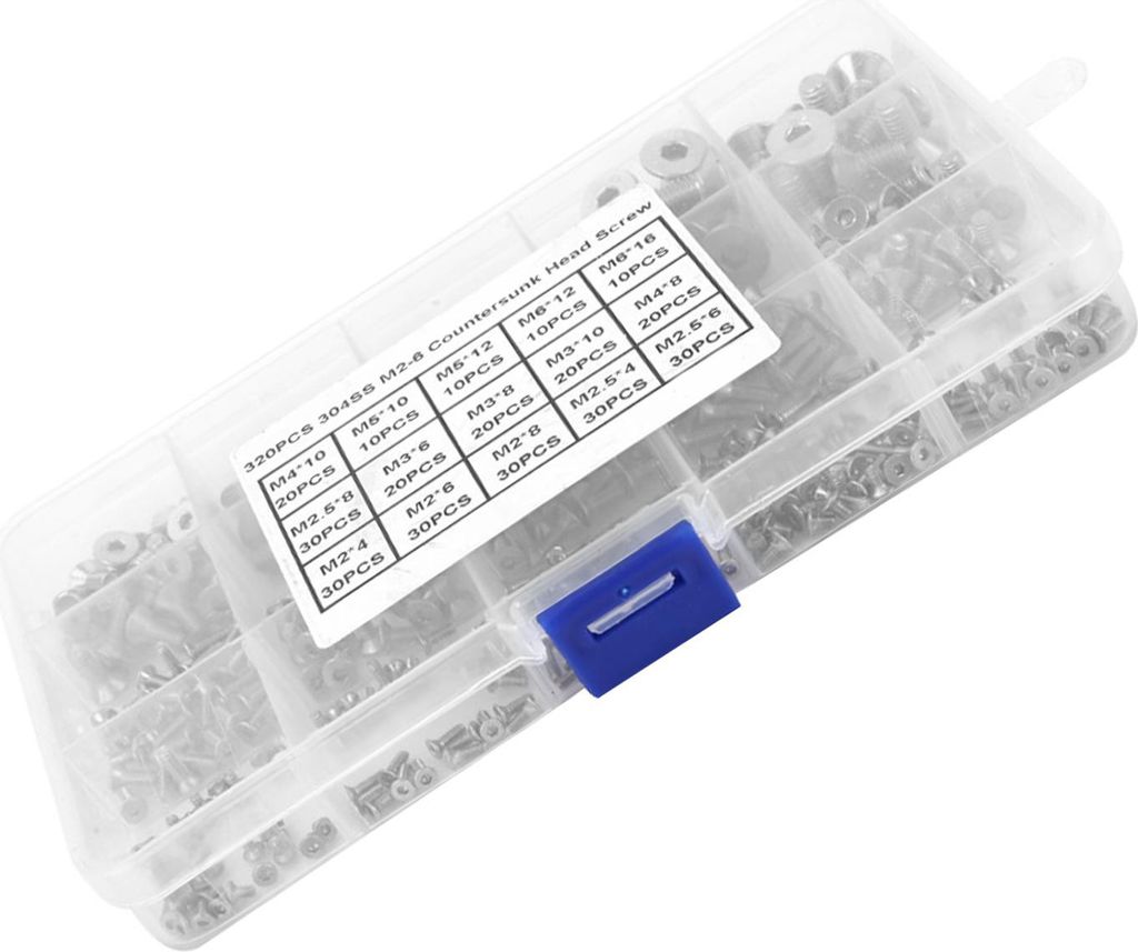 320-teiliges Sortiment an Innensechskantschrauben und Flachkopfschrauben aus Edelstahl SS304, M2-M6